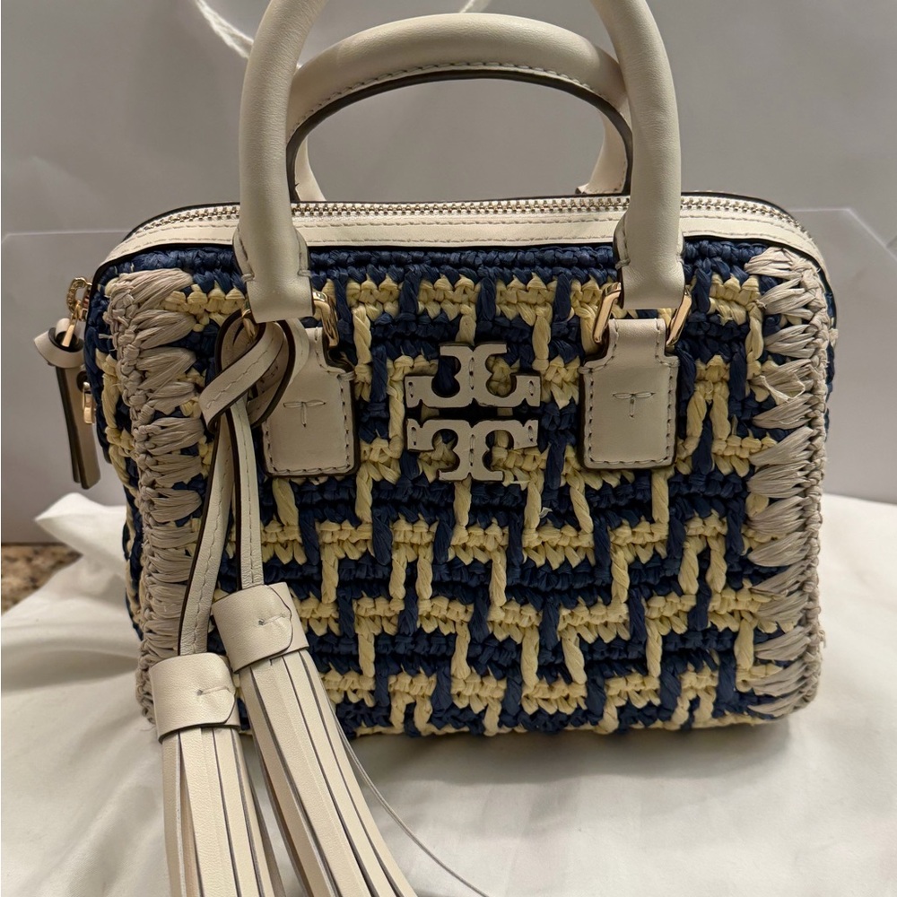 Tory Burch Navy, Cream & Yellow Woven Raffia Satchel